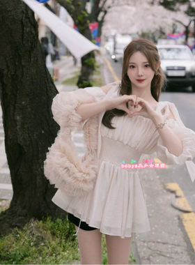 原加裁sn家春夏露肩纯色蝴蝶结甜美系扣褶皱连衣裙 女SWFB241135