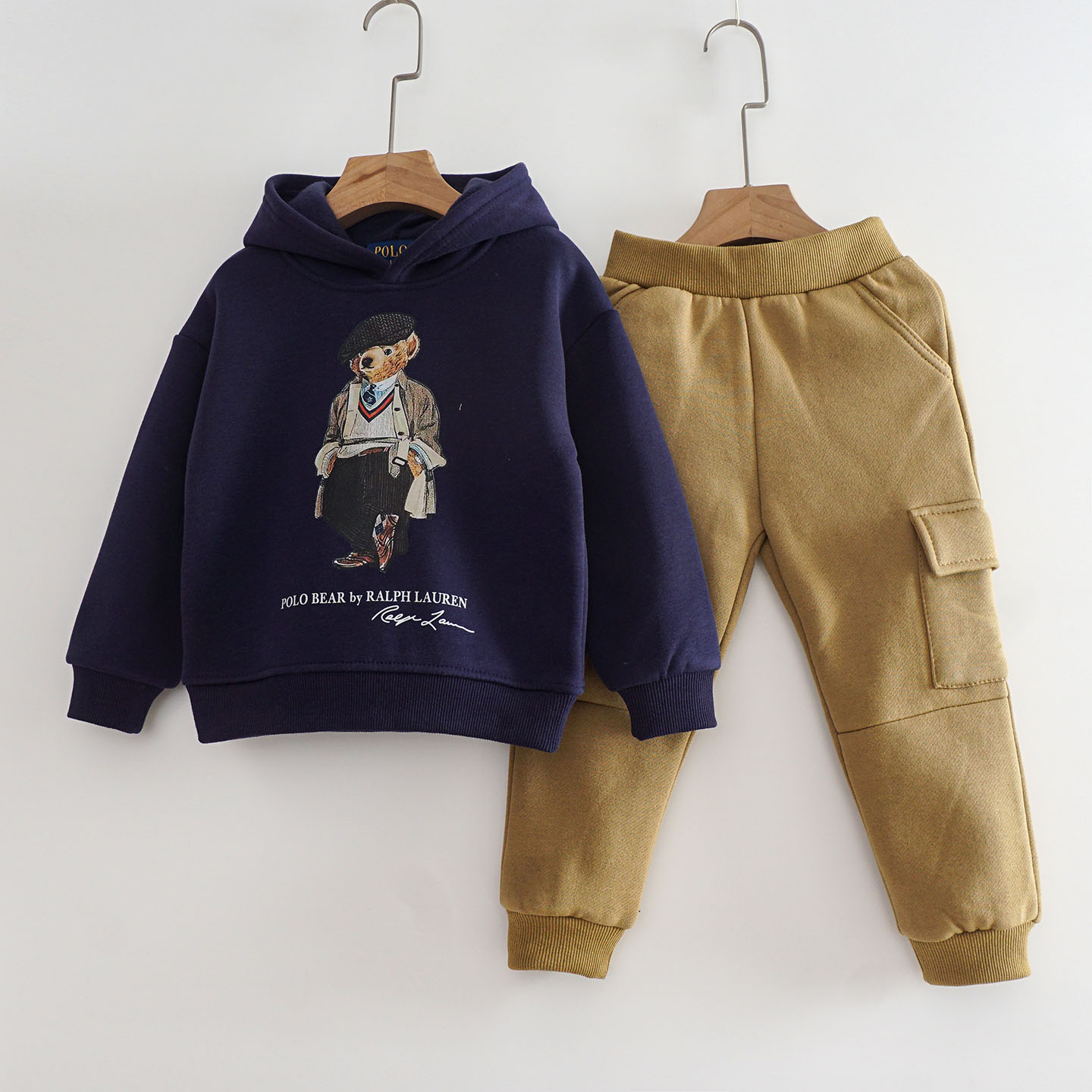 小熊连帽卫衣套装儿童秋冬加绒保暖两件套男女宝宝休闲服外出服