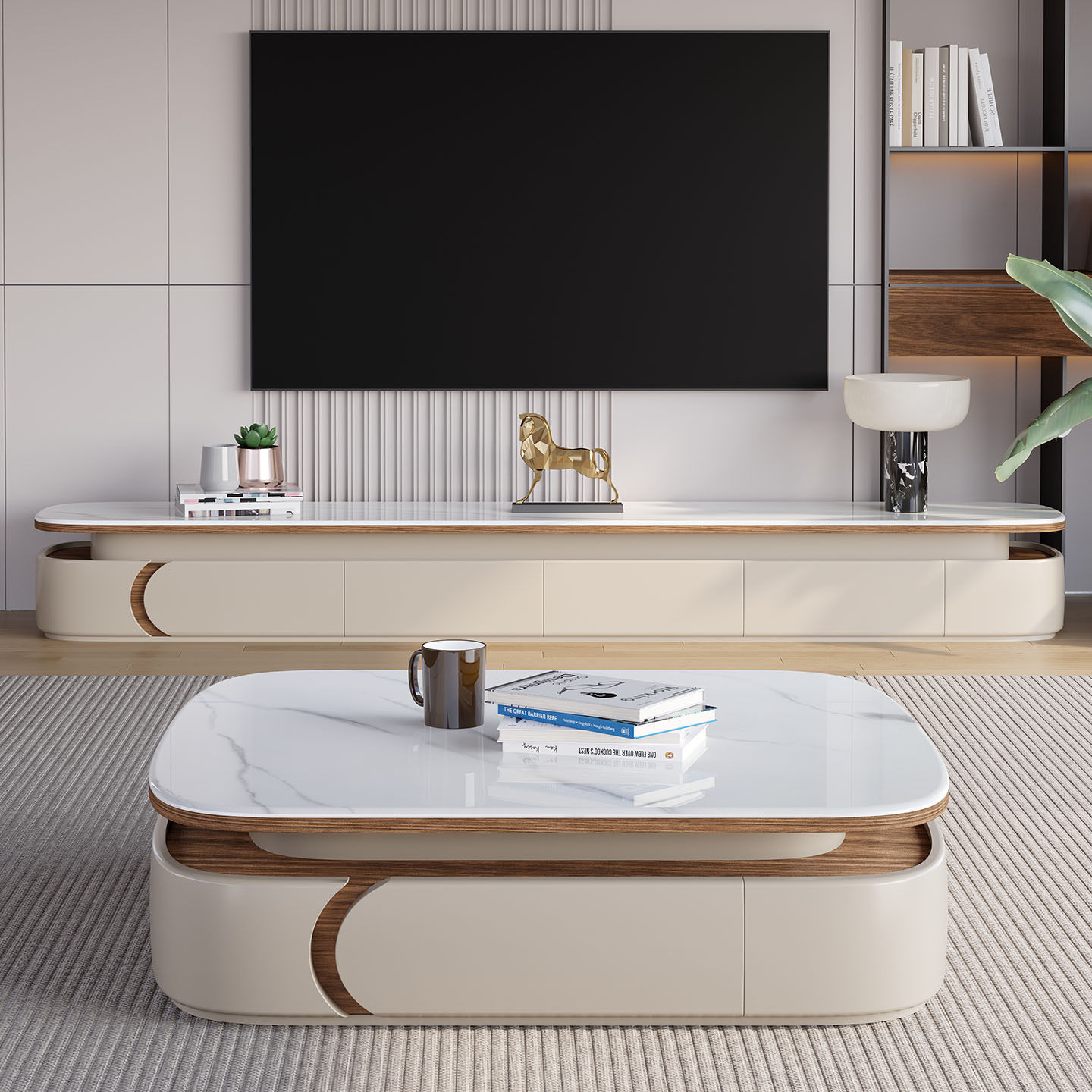 客厅岩板茶几电视柜组合套装简约轻奢家用落地高级感微晶石电视柜