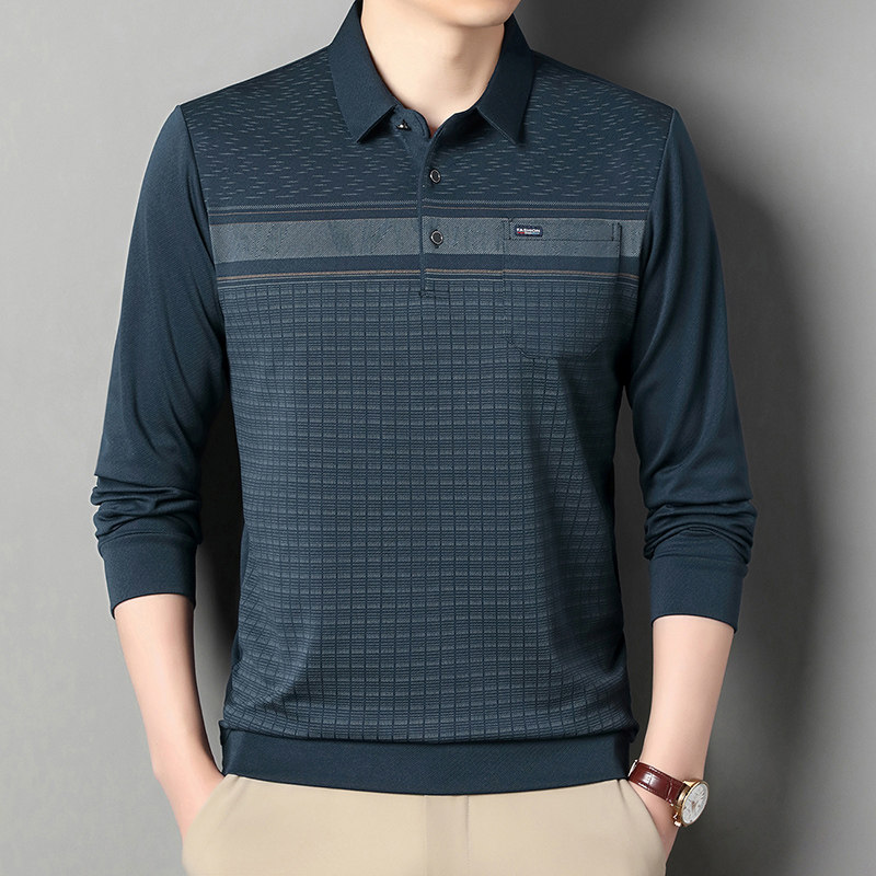 中老年格子长袖t恤爸爸装宽松休闲真口袋打底衫春秋款翻领Polo衫,男装,中老年上装,淘宝优惠券,粉丝福利购,淘宝优惠卷