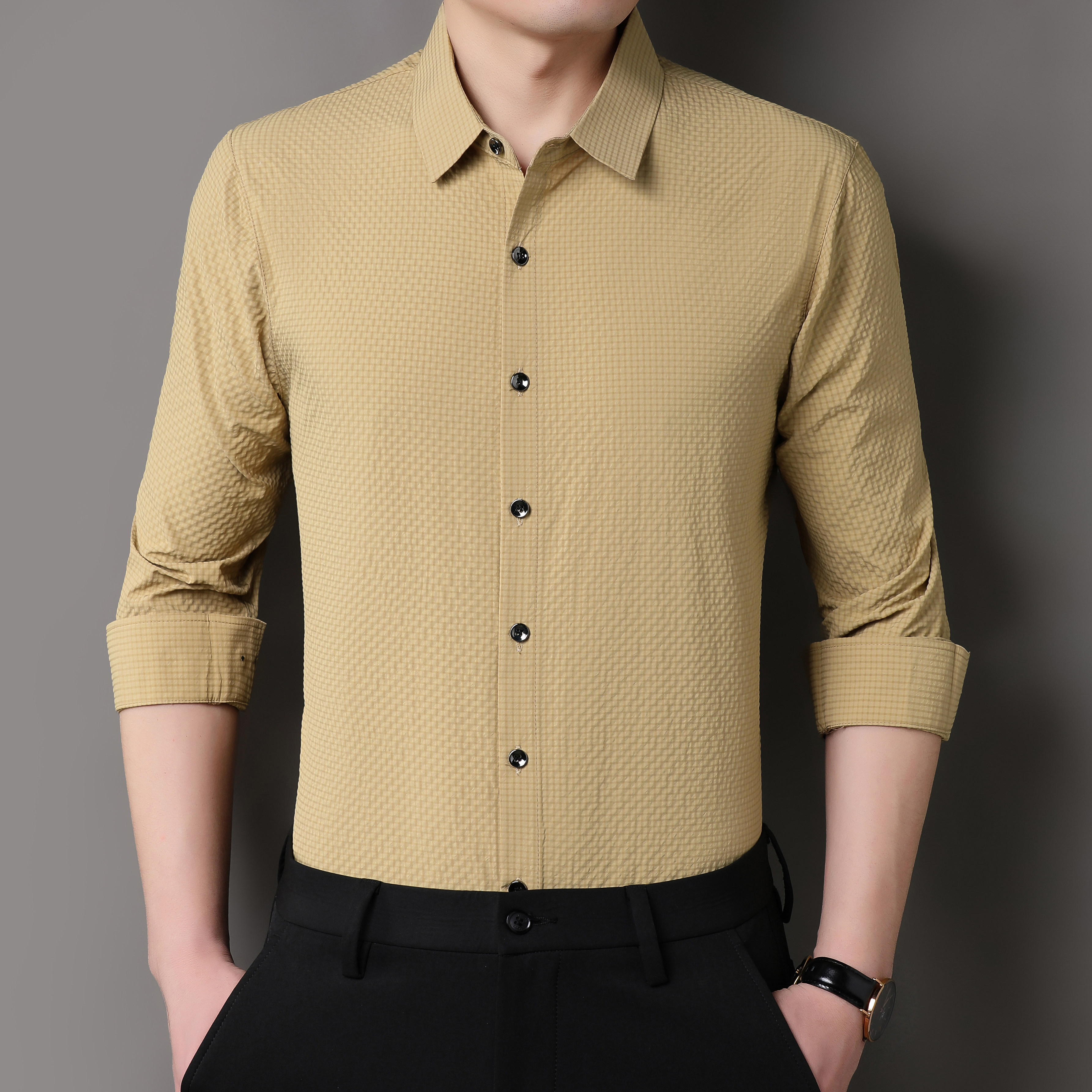 长袖衬衫男春秋季薄款格子爸爸装中年商务休闲免烫抗皱纯色衬衣男,男装,中老年上装,淘宝优惠券,粉丝福利购,淘宝优惠卷