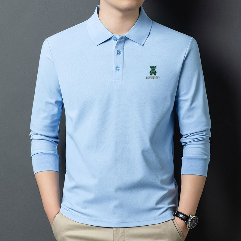 商务休闲纯色长袖t恤男士春秋季薄款潮流印花爸爸装Polo打底衫男