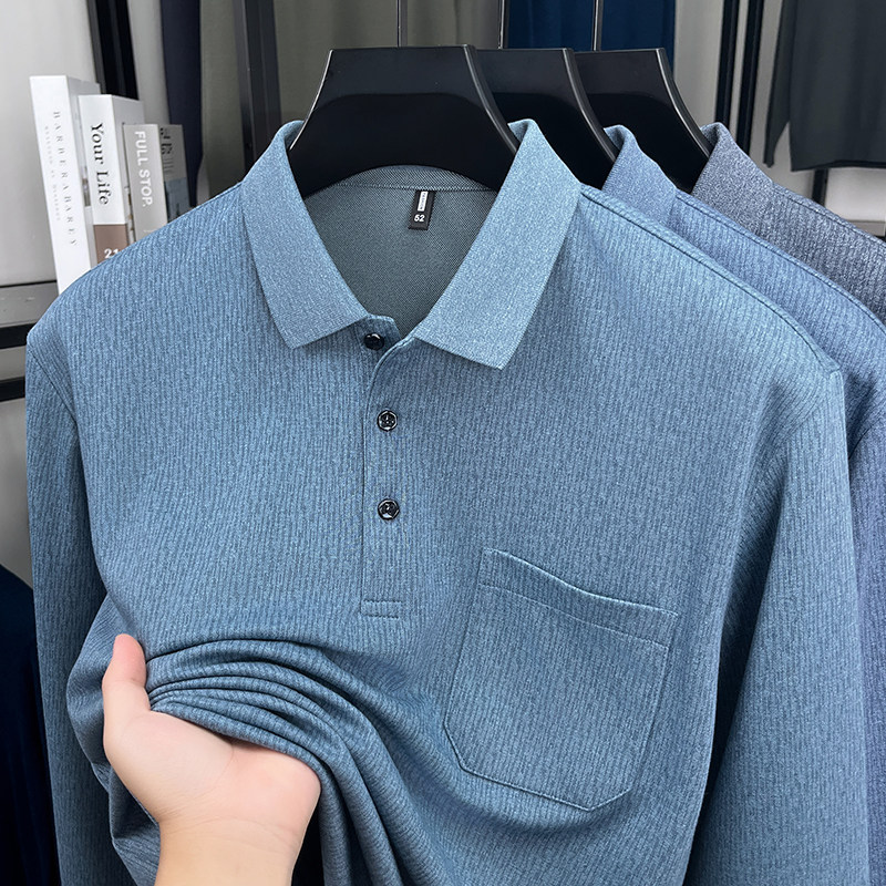 中老年翻领长袖T恤男春秋季新款爸爸装休闲宽松真口袋打底Polo衫