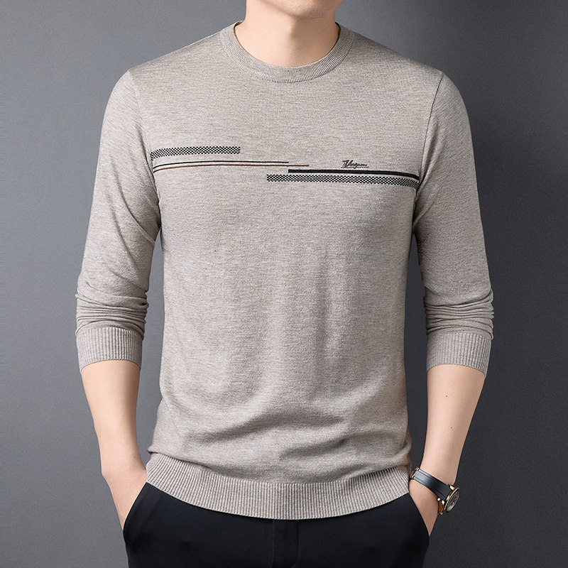 春秋季圆领羊毛针织衫男士圆领薄款毛衣中青年休闲潮流长袖打底衫