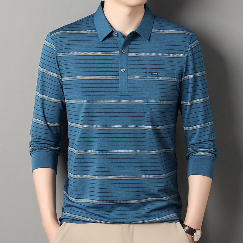 2025新款长袖t恤男春秋季薄款条纹翻领有口袋Polo衫中老年爸爸装,男装,中老年上装,淘宝优惠券,粉丝福利购,淘宝优惠卷