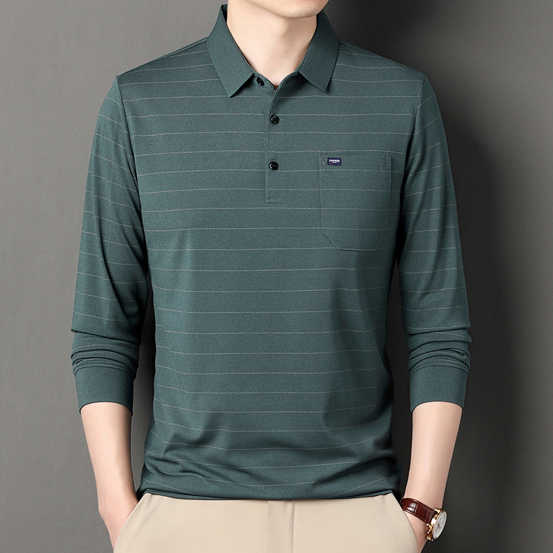 中老年男士长袖T恤口袋条纹翻领爸爸装春秋季宽松休闲打底Polo衫