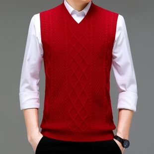 春秋款V领马甲男中老年人羊毛针织衫背心爸爸男装毛线衣坎肩马夹