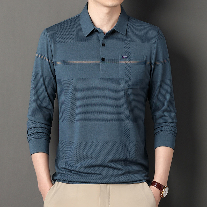翻领长袖t恤男士春秋装打底衫中老年口袋休闲宽松爸爸条纹Polo衫,男装,中老年上装,淘宝优惠券,粉丝福利购,淘宝优惠卷