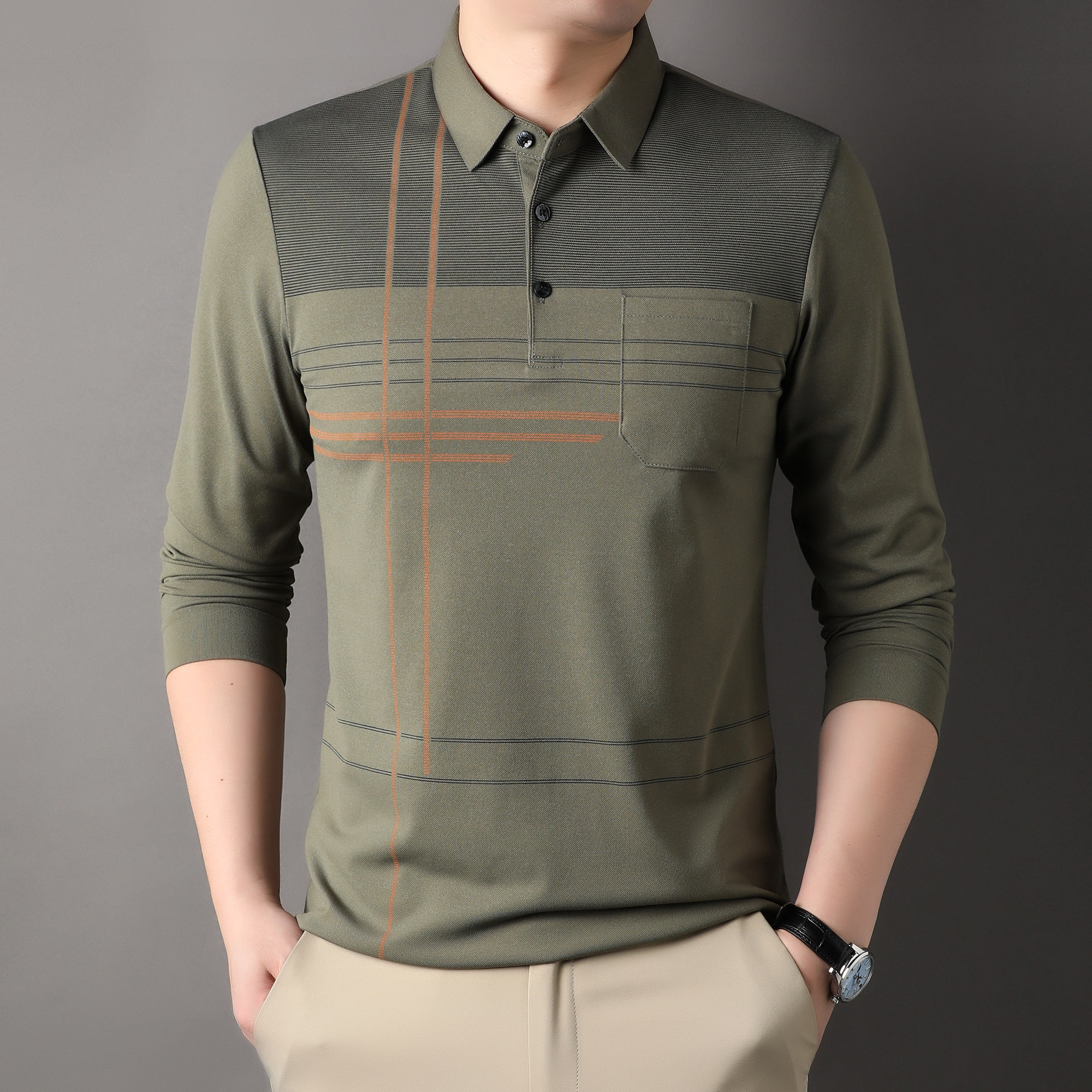 中老年男士丝光棉长袖t恤爸爸装春秋款休闲宽松上衣服翻领Polo衫