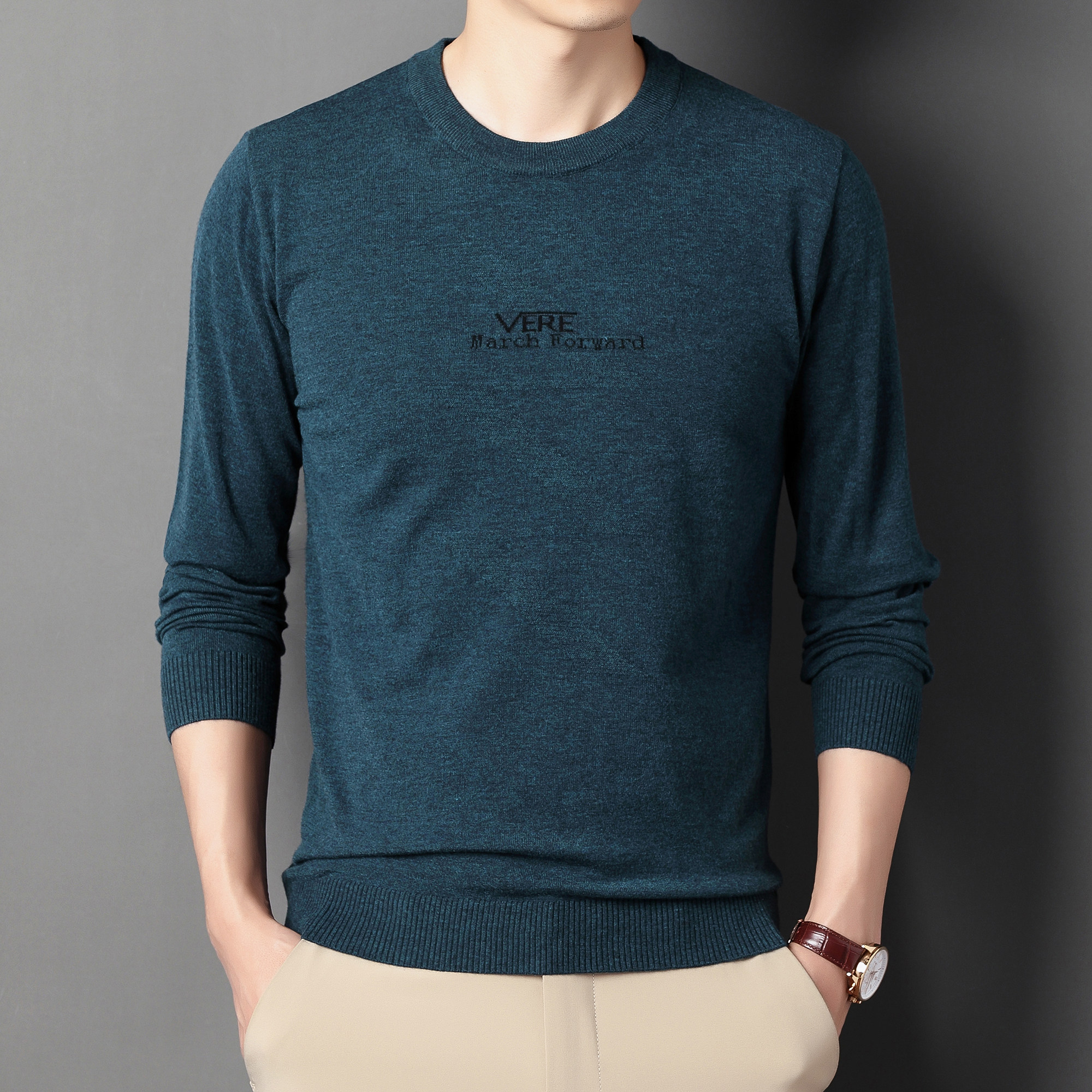 春秋季薄款羊毛衫男士圆领毛衣中青年休闲百搭长袖针织打底衫上衣