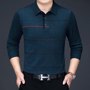 春秋季长袖t恤男士翻领Polo衫中老年薄款休闲针织打底衫爸爸男装