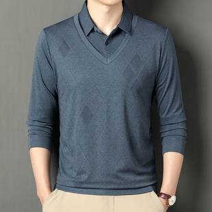 长袖 薄款 爸爸装 t恤男春秋季 中老年男士 假两件休闲商务翻领Polo衫