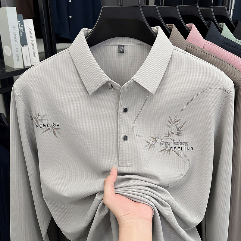 长袖t恤男春秋季薄款翻领印花打底衫男士中老年爸爸装休闲Polo衫