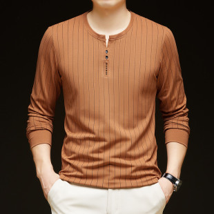 开衩圆领条纹长袖t恤男春秋季薄款卫衣中青年休闲潮流内搭打底衫