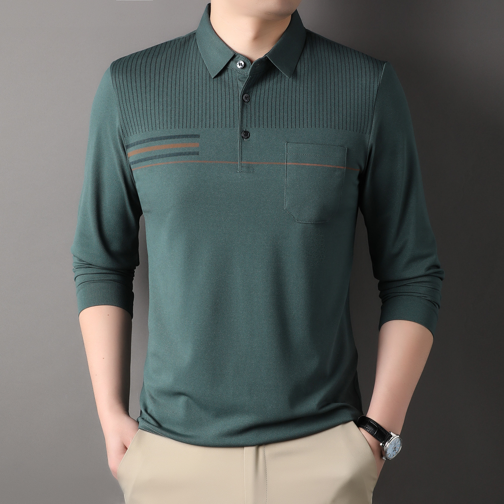 2025新款中老年t恤长袖男士春秋季薄款带兜有口袋爸爸翻领Polo衫