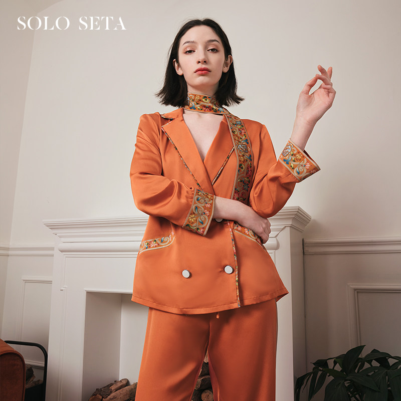 soloseta真丝睡衣套装女长袖桑蚕丝家居服两件套轻奢可外穿送丝巾