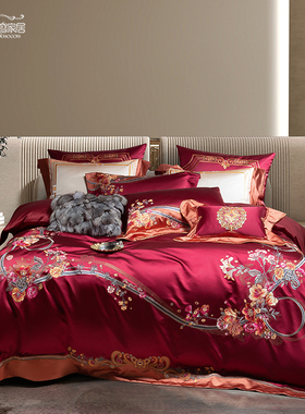 中式奢华140S真丝棉色织锦缎红色婚庆刺绣高档四件套别墅床上用品