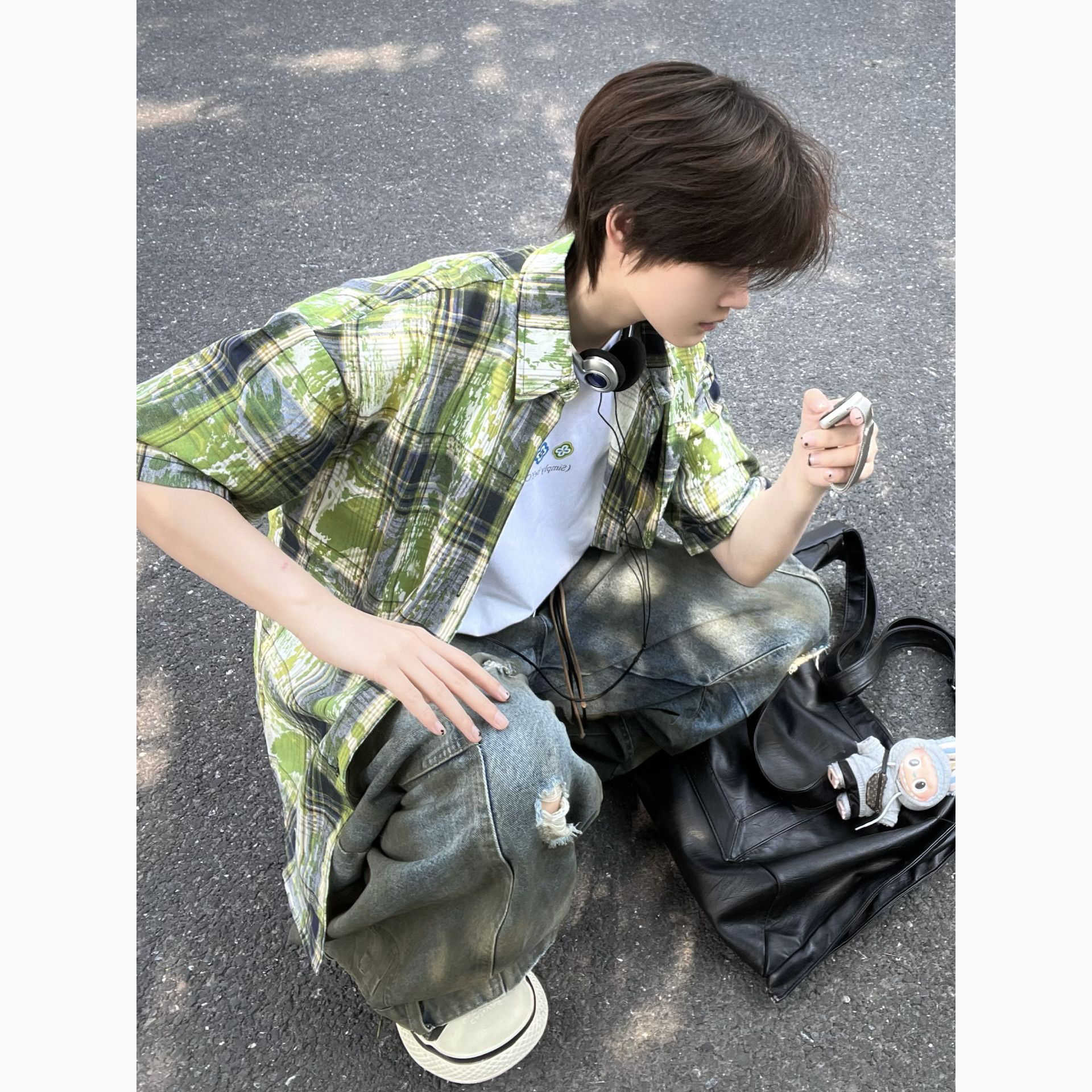 扎染格子短袖衬衫男夏季设计感衬衣外搭开衫薄款帅气潮牌百搭外套 - 实物图