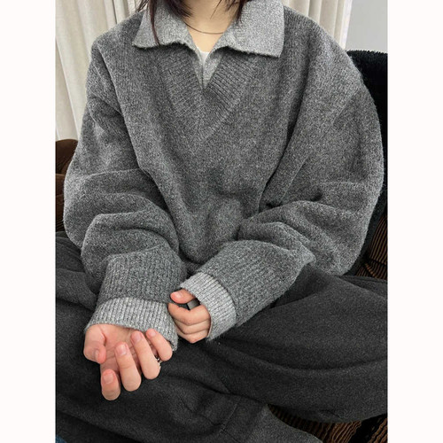 假两件V领polo针织衫氛围感