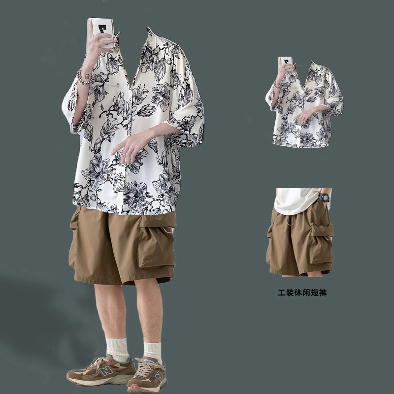 大码300斤冰丝花衬衫短袖套装
