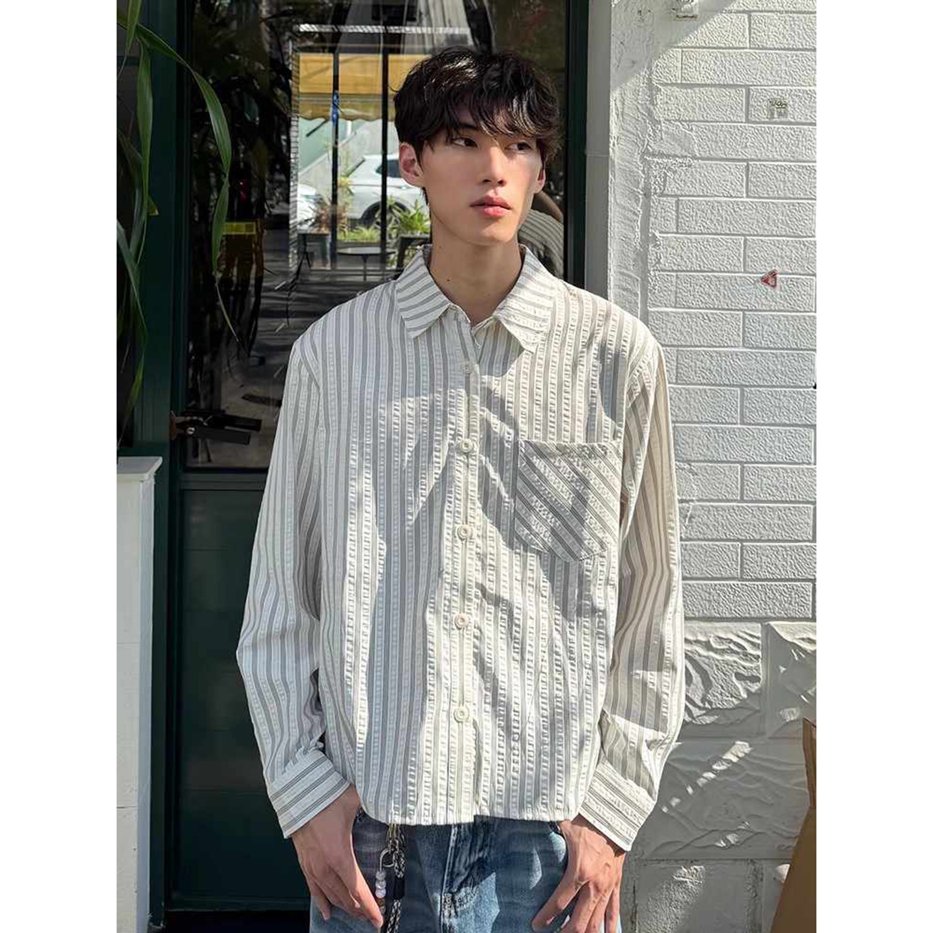 春秋泡泡纱条纹衬衫男款设计感正肩长袖衬衣美式cleanfit薄款外套,男装,衬衫,淘宝优惠券,粉丝福利购,淘宝优惠卷