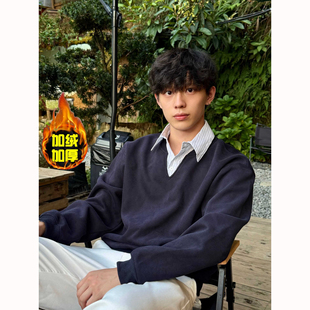 秋冬加绒加厚假两件条纹衬衫 领套头卫衣男女boxy短宽学院风上衣服