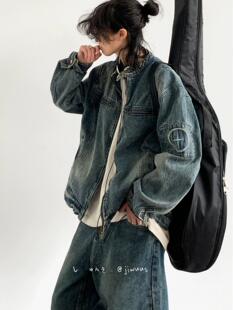 春秋日系复古刺绣水洗牛仔外套男BF风宽松立领休闲工装上衣服夹克