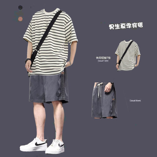 夏季穿搭港风圆领短袖t恤套装