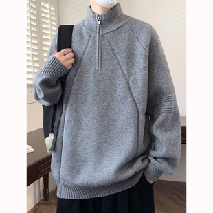设计感半拉链套头针织衫男秋冬新款毛衣男士韩系宽松立领毛线外套