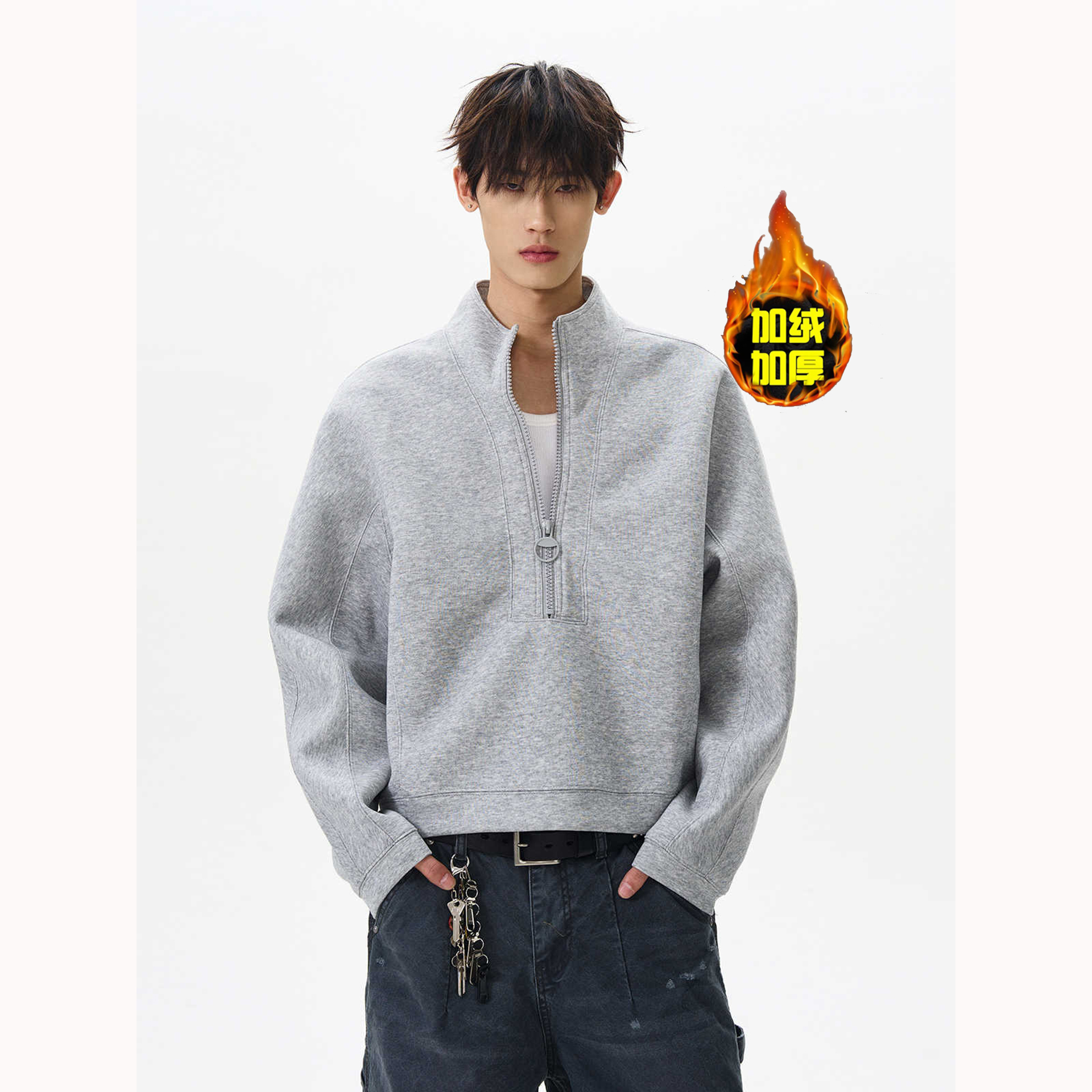 美式高街半高领拉链加绒加厚卫衣