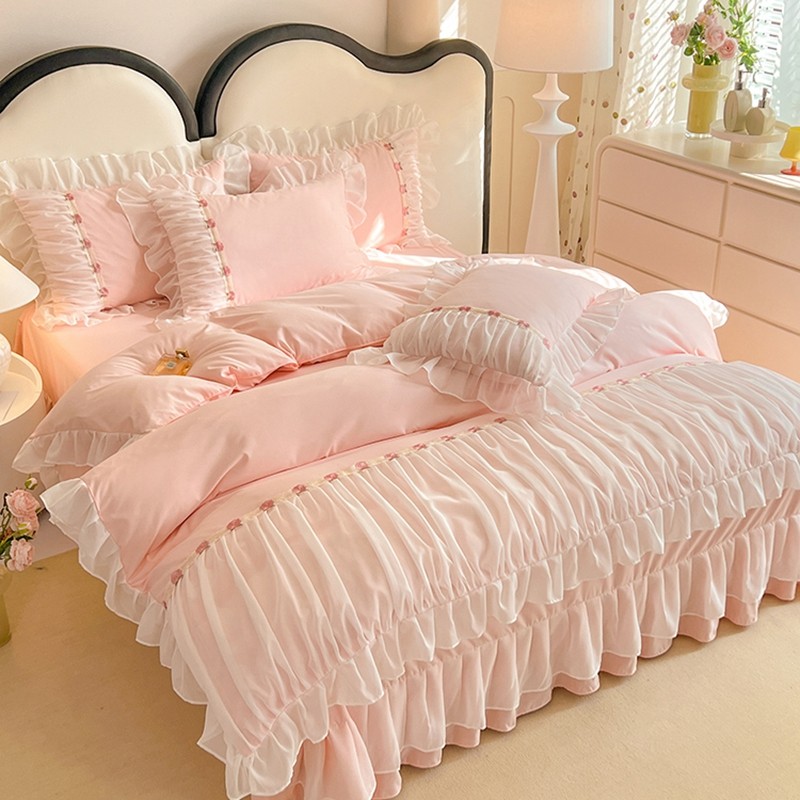 新款韩式双层纱床裙式四件套高颜值超软公主风被套纯色床上用品