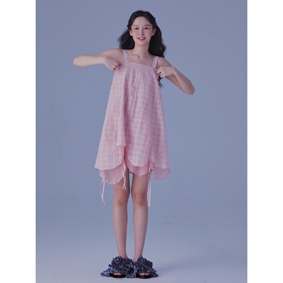 夏季新款抽绳粉色可爱连体吊带裙