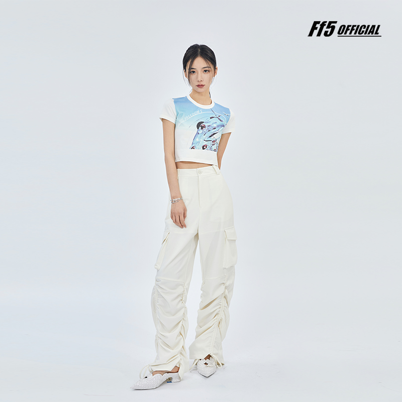 【5折捡漏】FF5 复古印花修身圆领短袖白色短款T恤女夏季新款