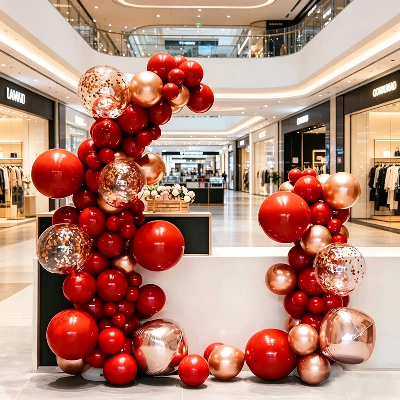 轻奢双层宝石红金属金气球拱门装饰开业商场氛围生日派对婚礼布置