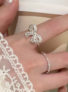 银色蕾丝蝴蝶结开口食指戒女款
