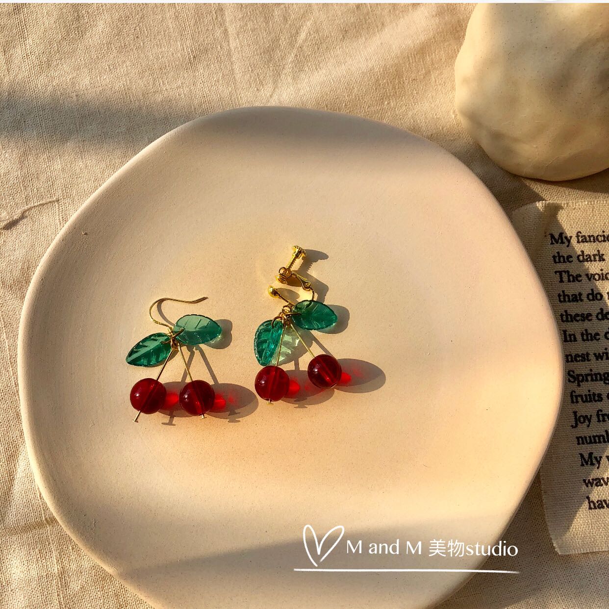 少女心甜美风绿色琉璃无洞银耳环