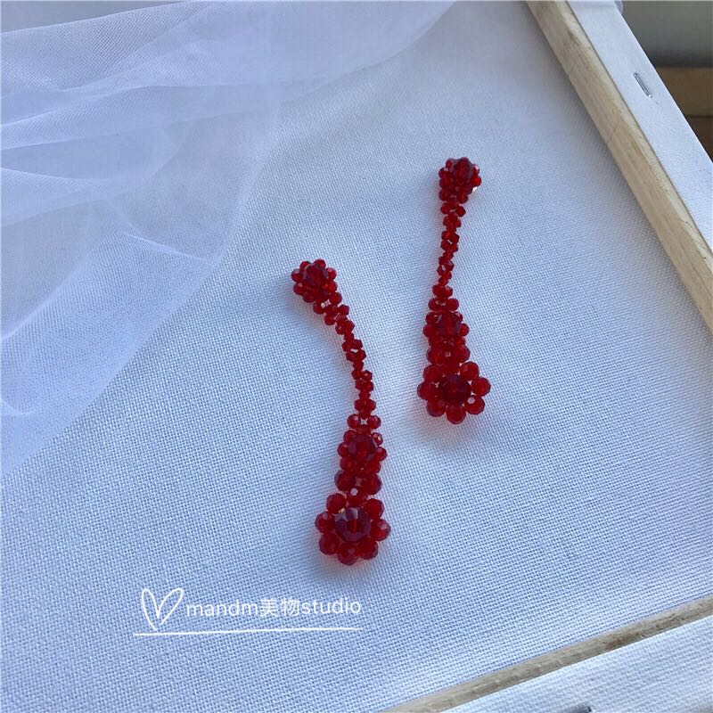 宫廷风酒红色编织花卉无洞银耳钉