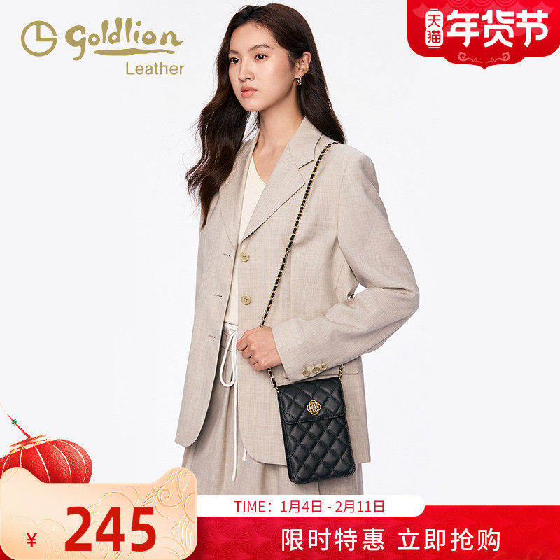 金利来时尚真皮女包2025新款单肩斜挎手机包黑色菱格小香风链条包