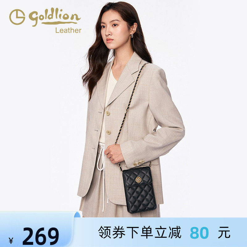 金利来时尚真皮女包2026新款单肩斜挎手机包黑色菱格小香风链条包