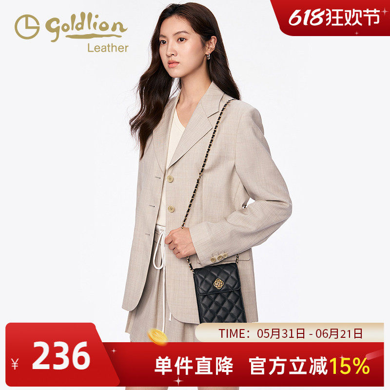金利来时尚真皮女包2026新款单肩斜挎手机包黑色菱格小香风链条包