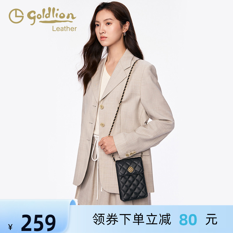 金利来时尚真皮女包2025新款单肩斜挎手机包黑色菱格小香风链条包