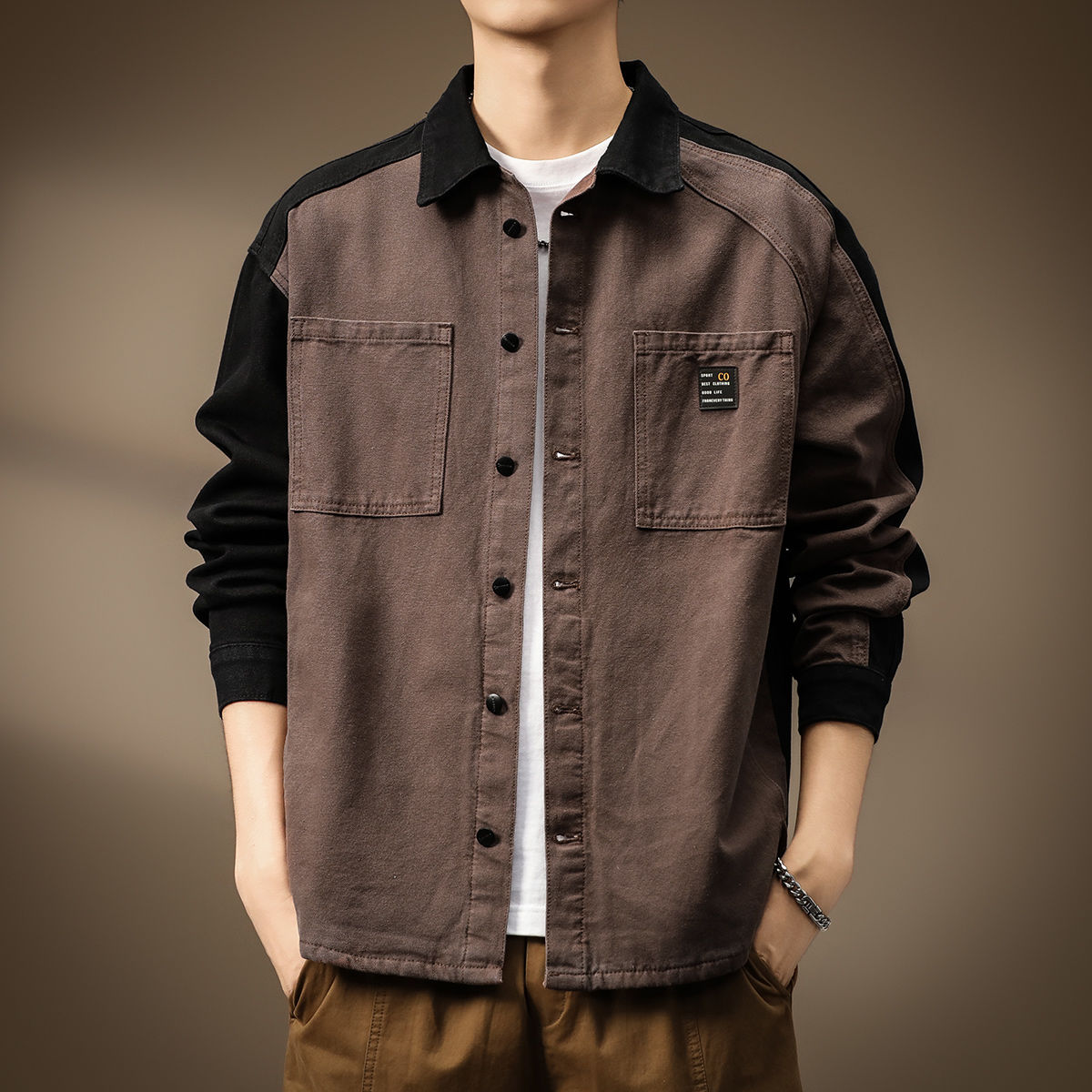 美式复古做旧拼接长袖衬衫