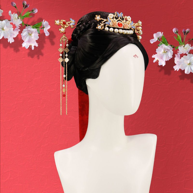 时尚明制中分古风整顶头套式汉服假发一体式假毛饰品女全套头造型