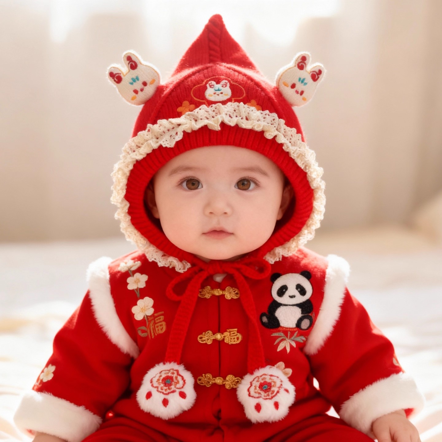 婴儿帽子秋冬款红色新年毛线帽