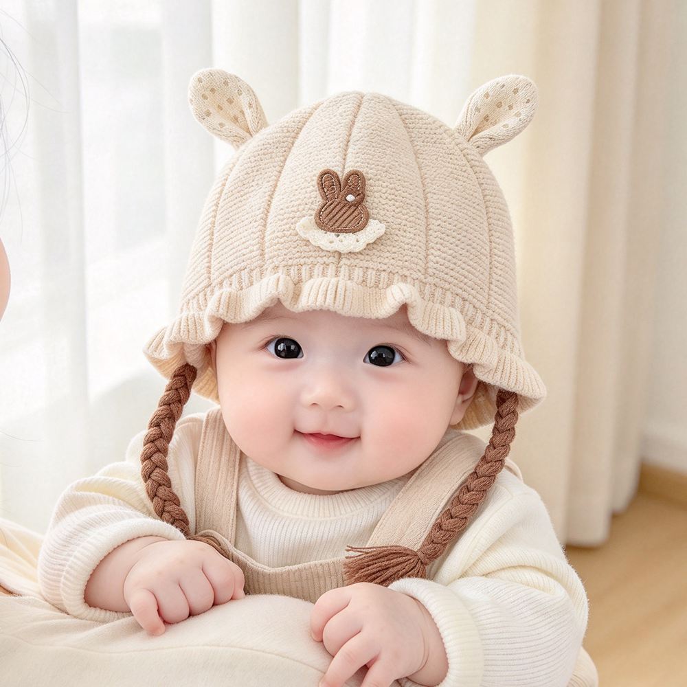 婴儿帽子秋冬季女宝宝洋气防风保暖针织帽婴幼儿小月龄护耳毛线帽