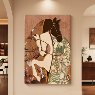 马到成功挂画入户玄关中古风装饰画客厅竖版法式复古走廊过道壁画