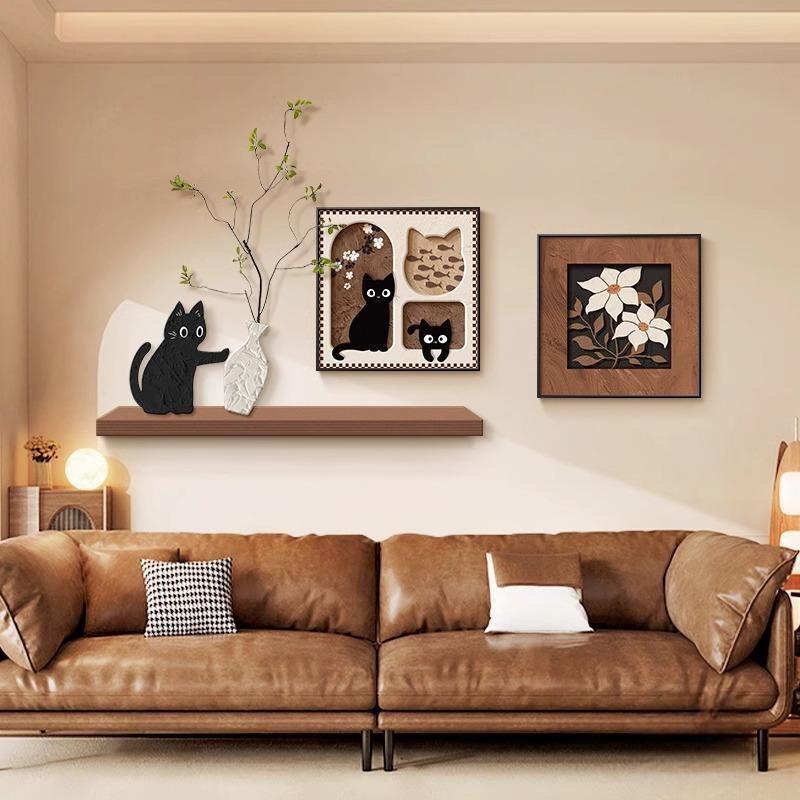 法式复古客厅组合装饰画趣味猫咪小众餐厅挂画中古沙发背景墙壁画图片