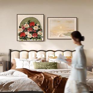 中古风卧室床头装饰画高级感餐厅壁画玫瑰海景花卉主卧房间墙挂画