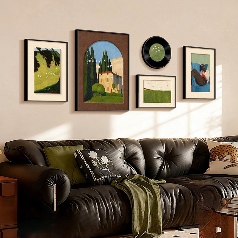 法式复古沙发背景墙挂画中古风高级感客厅装饰画组合包豪斯壁画