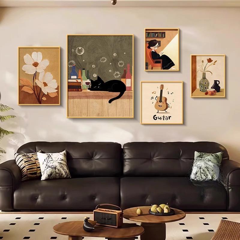 美拉德客厅装饰画中古艺术沙发背景墙挂画复古女孩高级感组合壁画图片